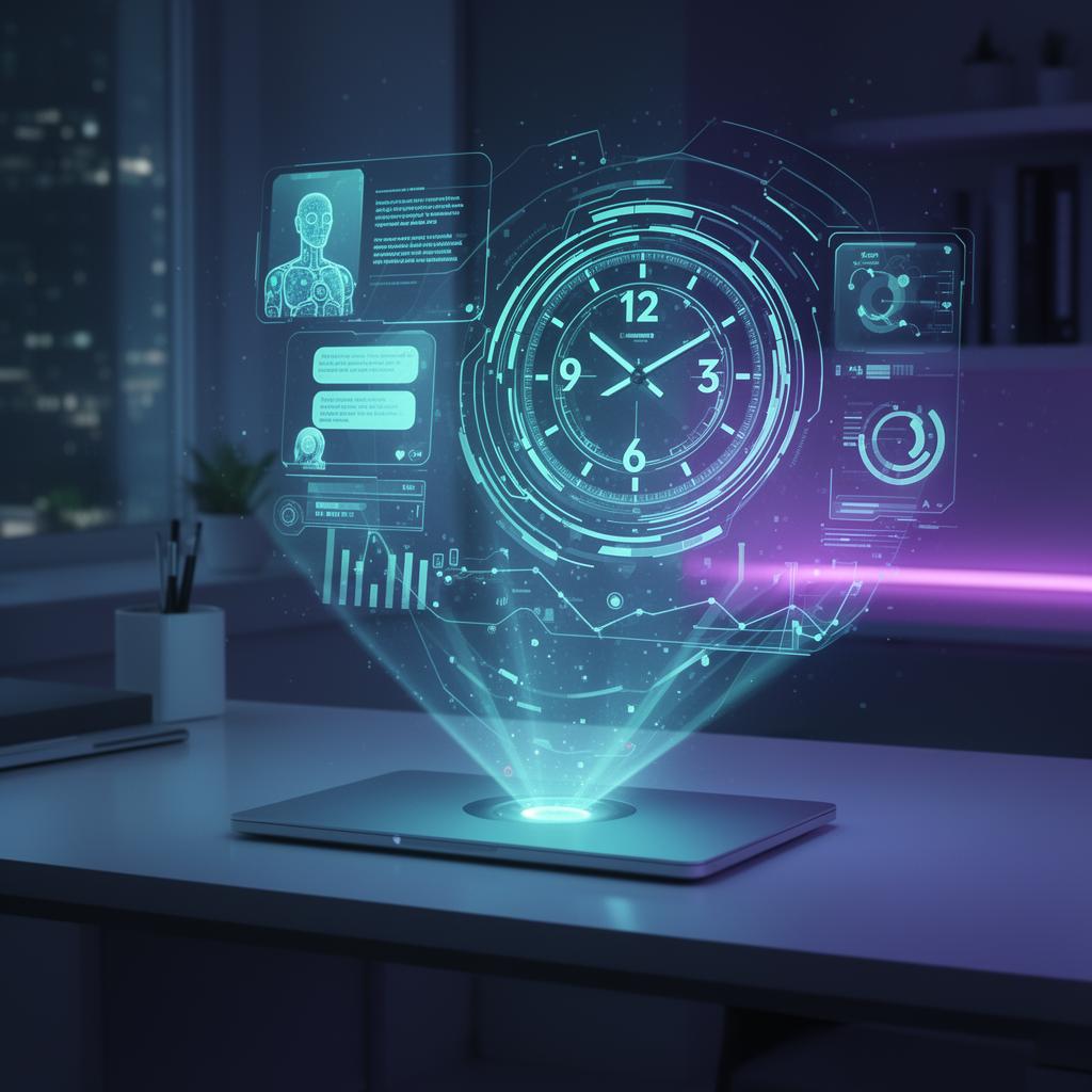 Holographic dashboard with AI assistant projecting from a laptop