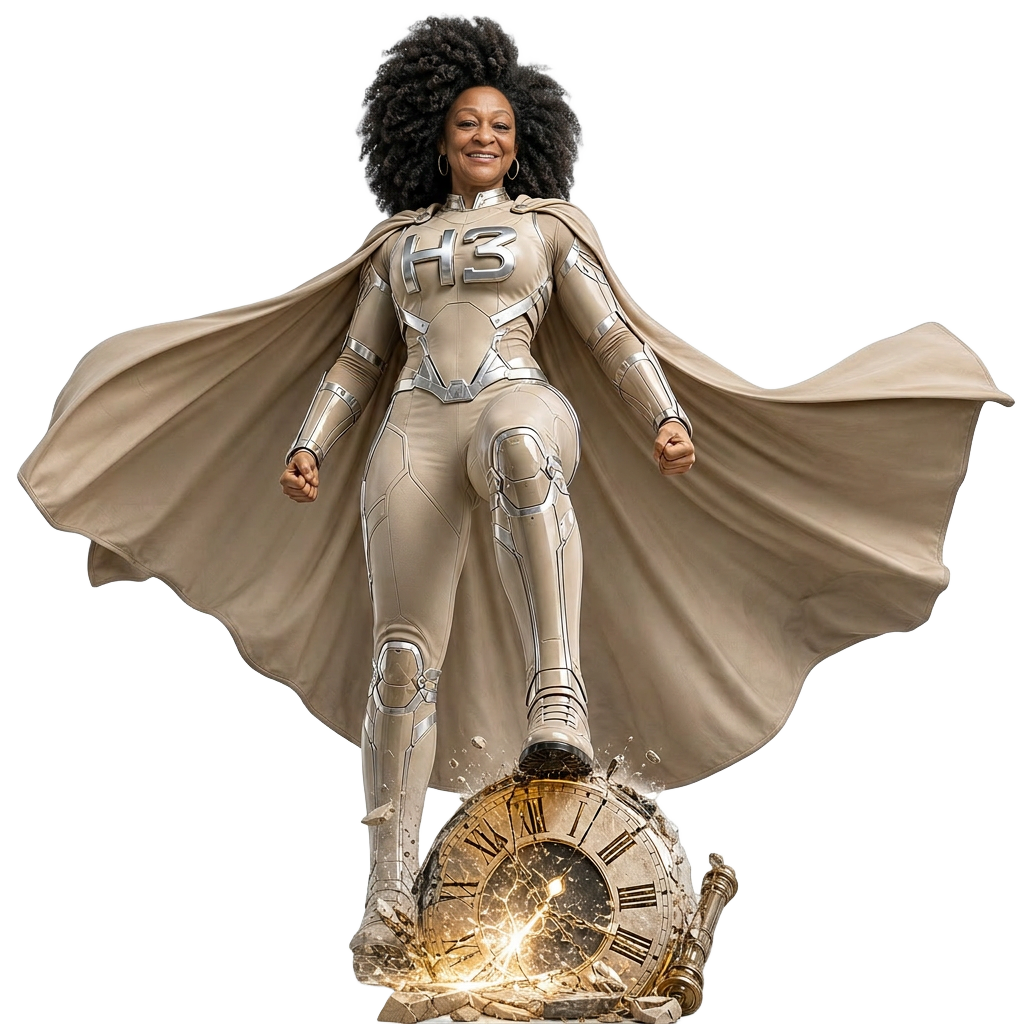 Heffa 3.0 — brown-skinned avatar in beige robot uniform with flowing cape